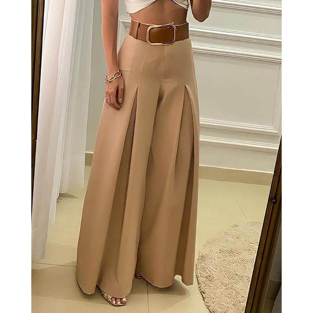 High Waist Pleated Wide Leg Pants欧美风纯色高腰褶皱阔腿长裤