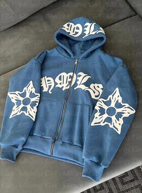 Zip Hoodie Snowflake Letter Print goth Punk Sweatshirt Women