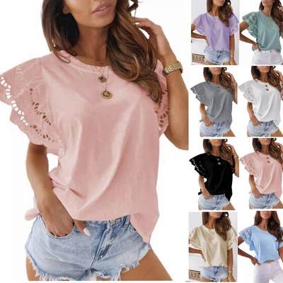 women&#39;s solid color round neck lace short sleeve T-s