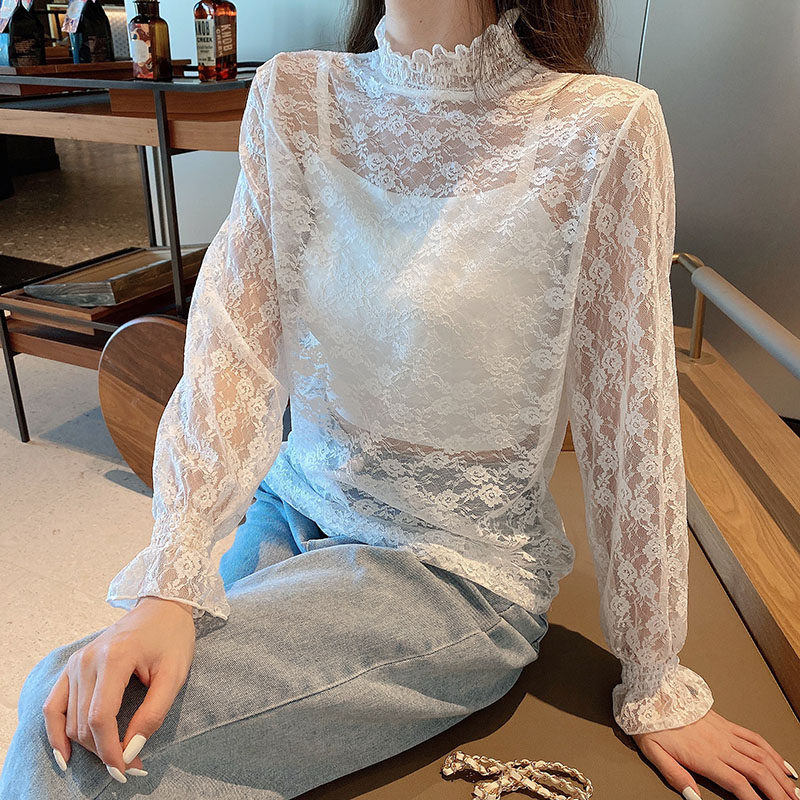 蕾丝打底衫女高领长袖网纱内搭透明性感气质修身洋气上衣小衫秋冬