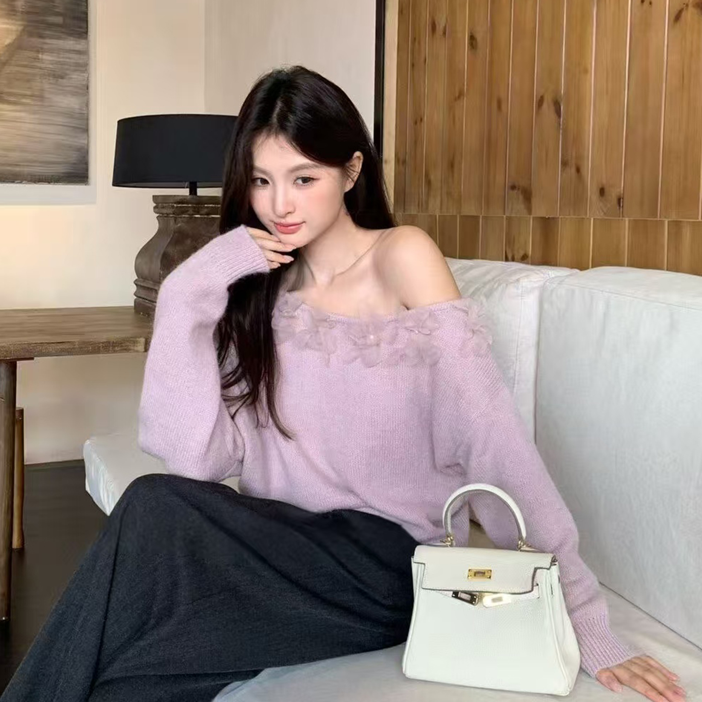 紫色温柔风露肩花朵针织衫毛衣