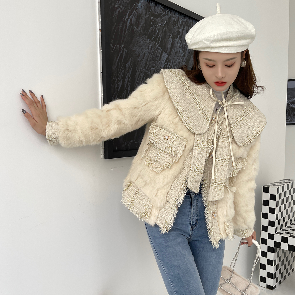 娃娃领编织兔毛皮草外套