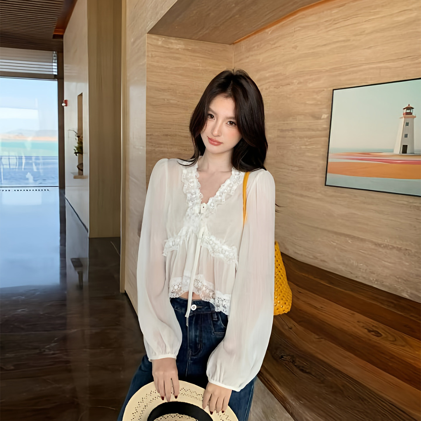 法式浪漫蕾丝小衫女2026春夏新款纯欲V领甜美雪纺木耳边蕾丝上衣