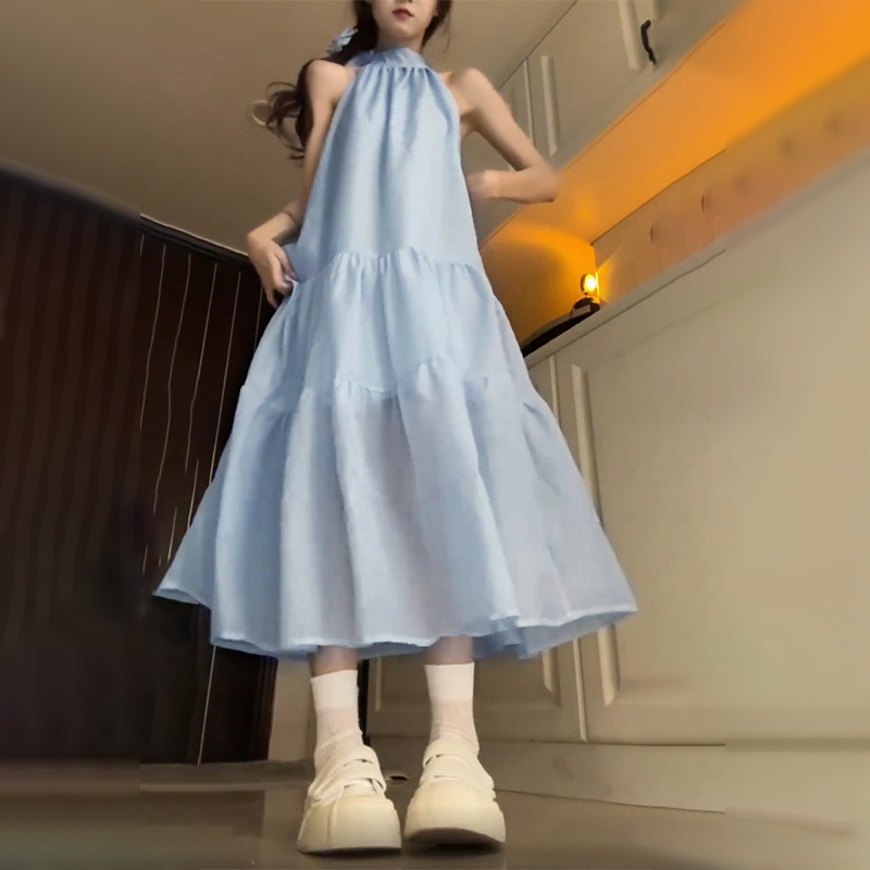 官网法式蓝色挂脖吊带连衣裙女夏季2025新款气质绝美海边度假沙滩