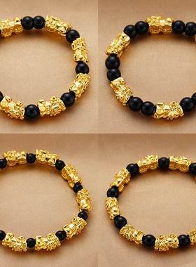 黑红玛瑙情侣貔貅手串 六字真言沙金手串 镀金手饰串珠男女