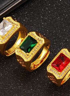 新款跨境欧美镶钻开口沙金戒指 亚马逊Ebay热卖铜镀金锆石大男戒