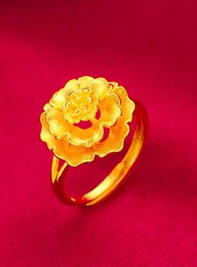 越南沙金开口戒指女士仿真金三层花朵食指指环新娘结婚金饰品