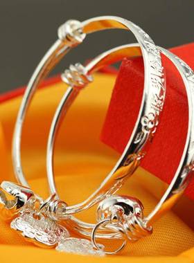 宝宝婴儿仿银首饰厂家 925标志合金镀银儿童铃铛手镯小孩手环