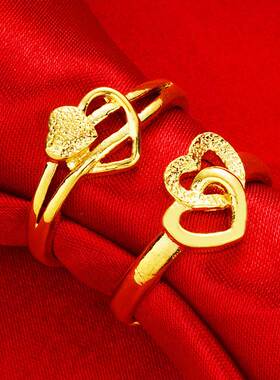 鑫饰界 复古双心戒指 镀金沙金戒指女 爱心心形磨砂开口女戒指