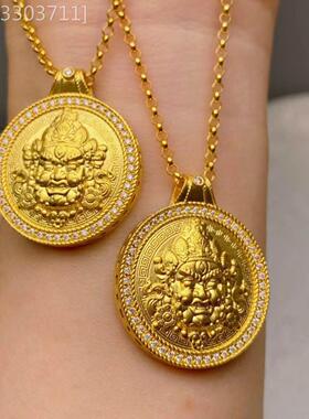 越南沙金黄财神安南扣项链男女吊坠古法扎吉点拉姆圆盘挂坠不掉色