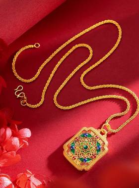 国潮民族风掐丝花丝烧蓝花牌吊坠越南沙金传承珐琅景泰蓝项链