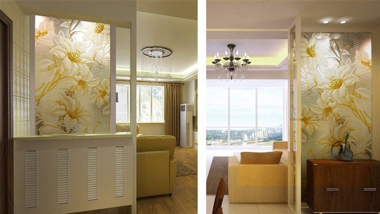 欧式e艺术玻璃玄关隔断背景墙雕刻两面透光时尚移门屏风客厅百合