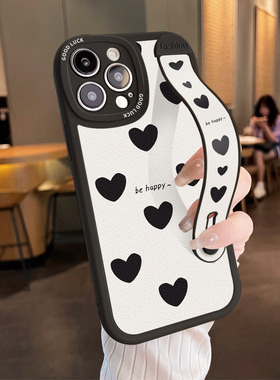 适用苹果16PROMAX手机壳新款15防摔12mini高级13硅胶iphonexr全包8plus/14支架女软保护套7腕带黑色小爱心