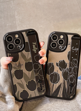 原创新款适用苹果16PROMAX手机壳15防摔12mini女/14/13硅胶iphonexr全包8plus支架软保护套7腕带黑色郁金香