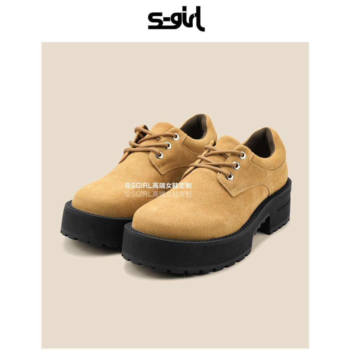 SGIRL TWTW秋季复古大头乐福鞋女粗跟厚底系带圆头黑色德比小皮鞋