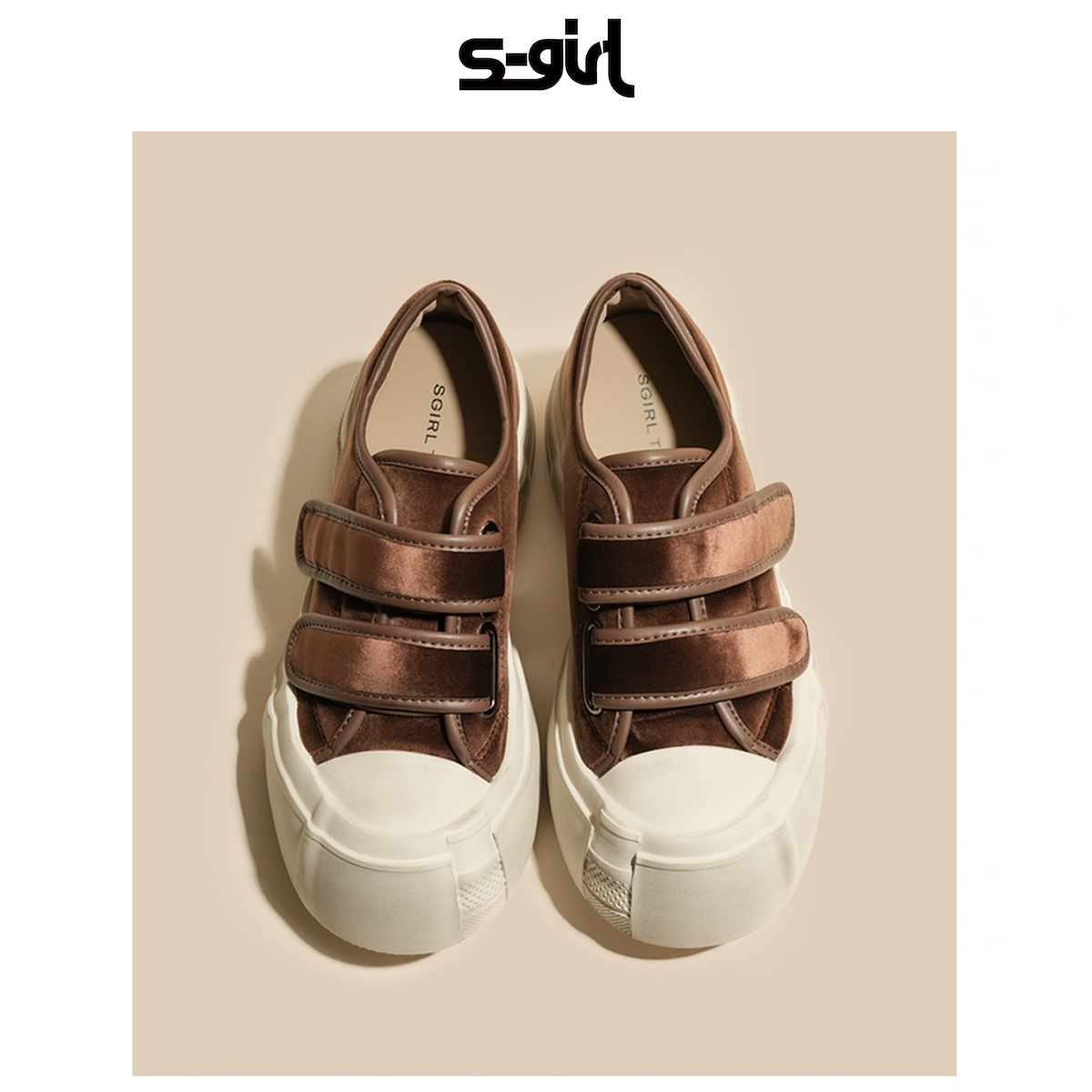 SGIRLTWTW棕色绒面魔术贴板鞋女