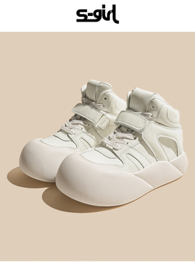 SGIRL TWTW真皮厚底高帮大头面包鞋女2024休闲百搭板鞋丑萌小白鞋