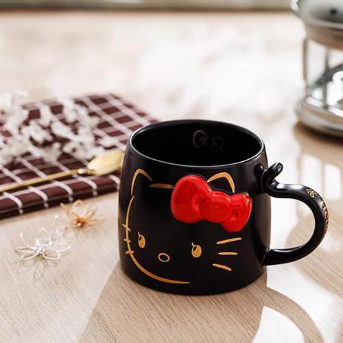 古杰士HelloKitty创意浮雕马克杯办公室陶瓷喝水杯子蝴蝶结咖啡杯