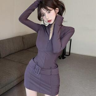 时尚辣妹拉炼腰带紧身显瘦长袖包臀裙小众设计感短款修身连衣裙潮