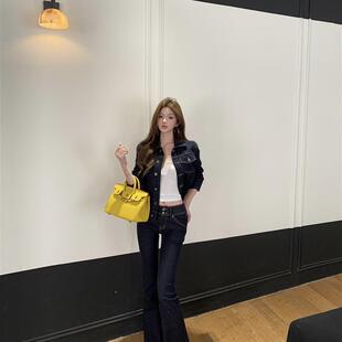 美式 辣妹微喇叭休闲裤 覆古翻领长袖 外套女秋季 两件套 开衫 牛仔套装