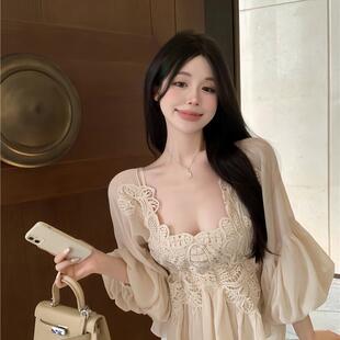 蕾丝拼接长袖方领雪纺衬衫女春季系带设计感小众上衣收腰露背衬衣