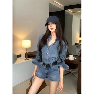 牛仔衬衫 子直筒短裤 外套女春季 休闲裤 两件套 穿搭套装 复古蓝色长袖