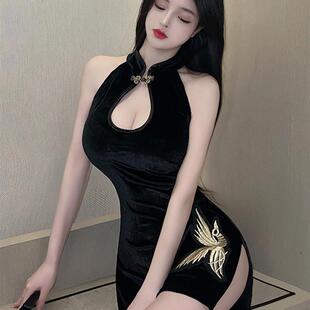 覆古低领剪裁开衩短旗袍性感优雅的露肩腰包臀修身女装设计