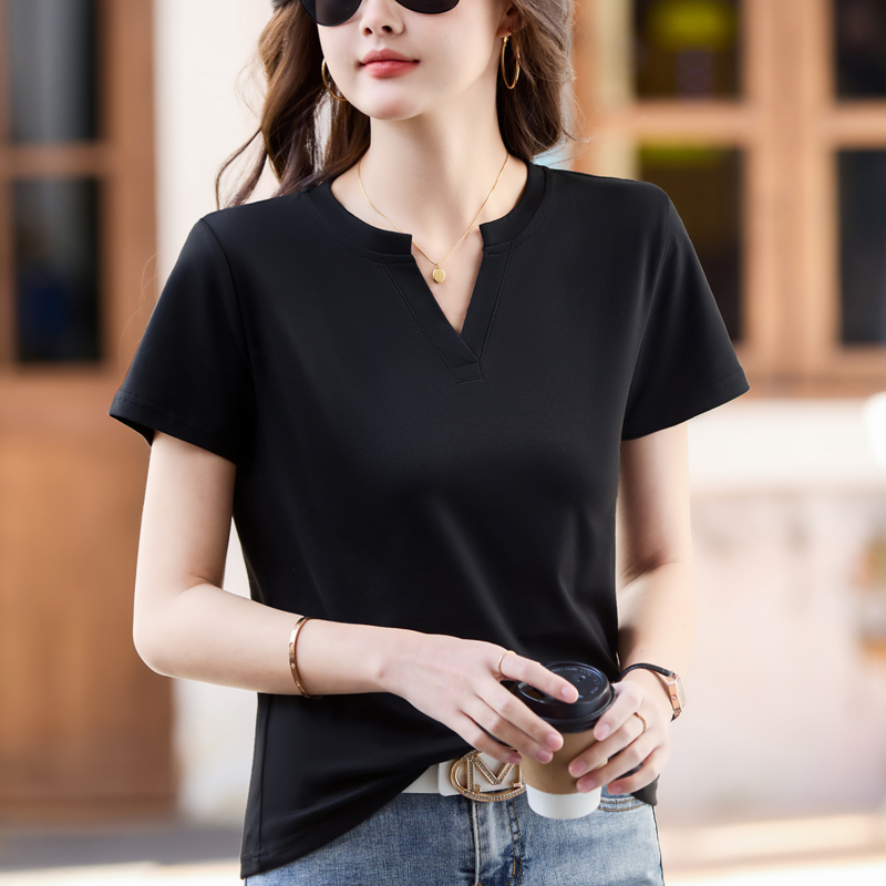 yishion以纯夏季纯色简约百搭短袖t恤女V领显瘦上衣女气质打底衫