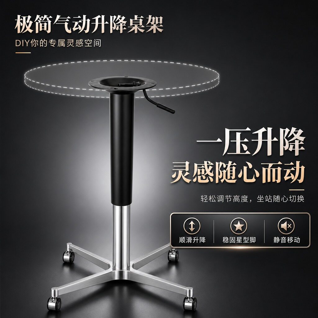 铝合金气动一压升降静音桌架图片