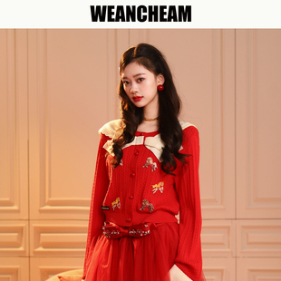 WEancheAM/未未姆新年红色羊毛开衫毛衣女冬春蝴蝶结海军领针织衫