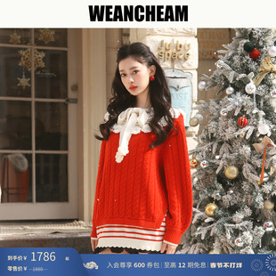 【春节不打烊】WEANCHEAM/未未姆2025冬季新款拼接蝴蝶结针织毛衣