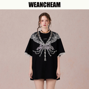 WEancheAM 蕾丝印花烫钻T恤裙女春夏宽松显瘦原创设计上衣 未未姆