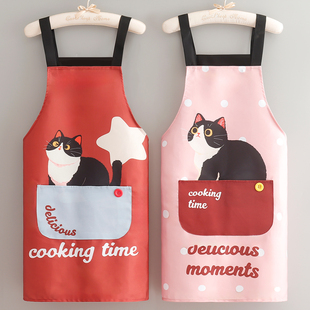 时尚可爱卡通猫咪围裙防水防污帆布透气厨房家用做饭围腰工作服