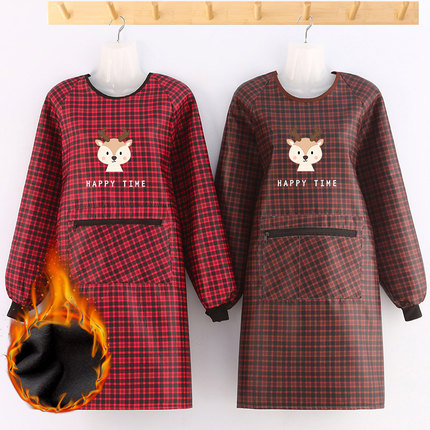 耐脏加绒反穿长袖围裙女罩衣保暖防水干活上班工作服加肥大人加厚