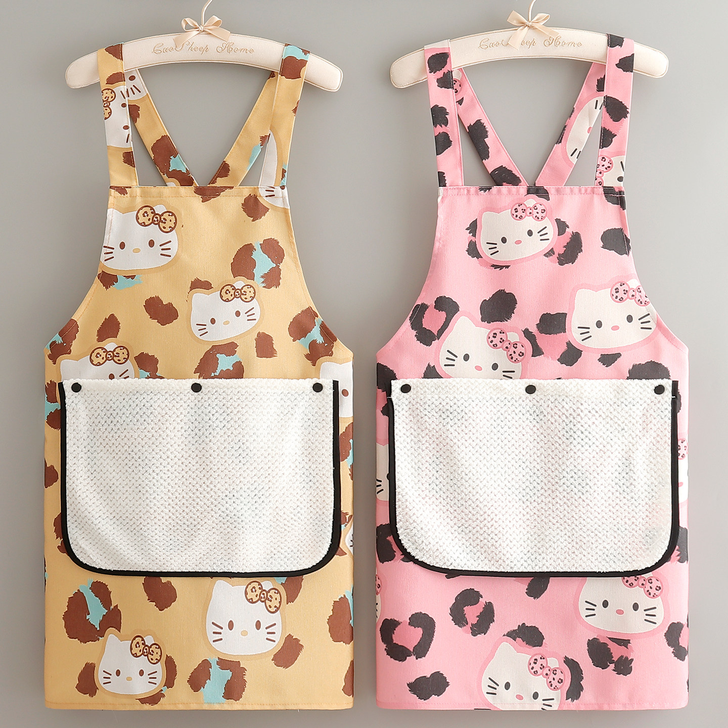 可拆毛巾家用做饭围裙擦手帆布围腰工作可爱女生新款耐磨透气成人