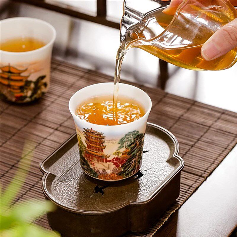 冰种白瓷羊脂玉瓷马蹄杯四大名楼阁山水手绘堆金主人闻香茶杯茶盏