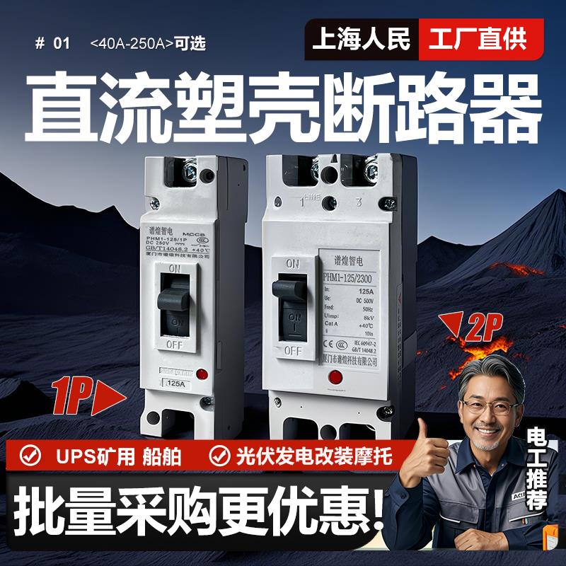 上海人民直流塑壳断路器1P 2P 63A 200A 250A光伏专用空开DC500V