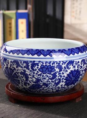 景德镇陶瓷青花瓷聚宝盆家居招财聚财摆件中式鱼缸客厅装饰摆设