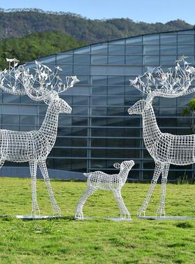 户外园林不锈钢梅花鹿雕塑售楼部草坪抽象铁艺镂空钢丝鹿装饰摆件