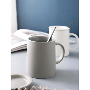 磨砂陶瓷杯子带盖勺粗陶复古风马克杯咖啡杯家用早餐燕麦水杯 欧式