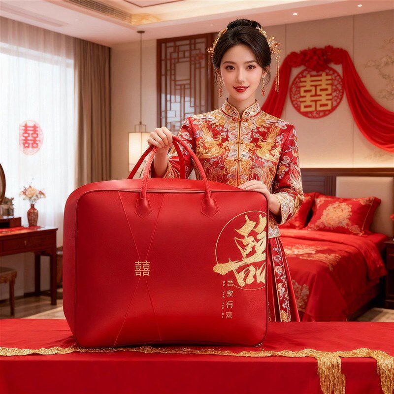结婚陪嫁收纳袋婚庆四件套红色喜被棉被包缎面牛津布被子收纳袋子