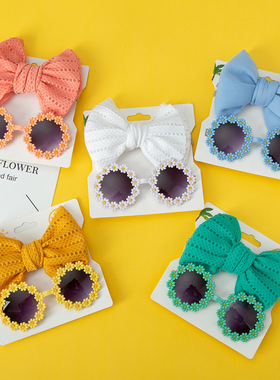 儿童太阳镜头带组合套装宝宝小雏菊春夏墨镜镂空蝴蝶结发带两件套