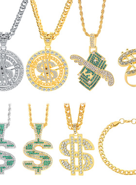 跨境美金符号18k金币旋转hiphop古巴链个性嘻哈男士项链潮配饰