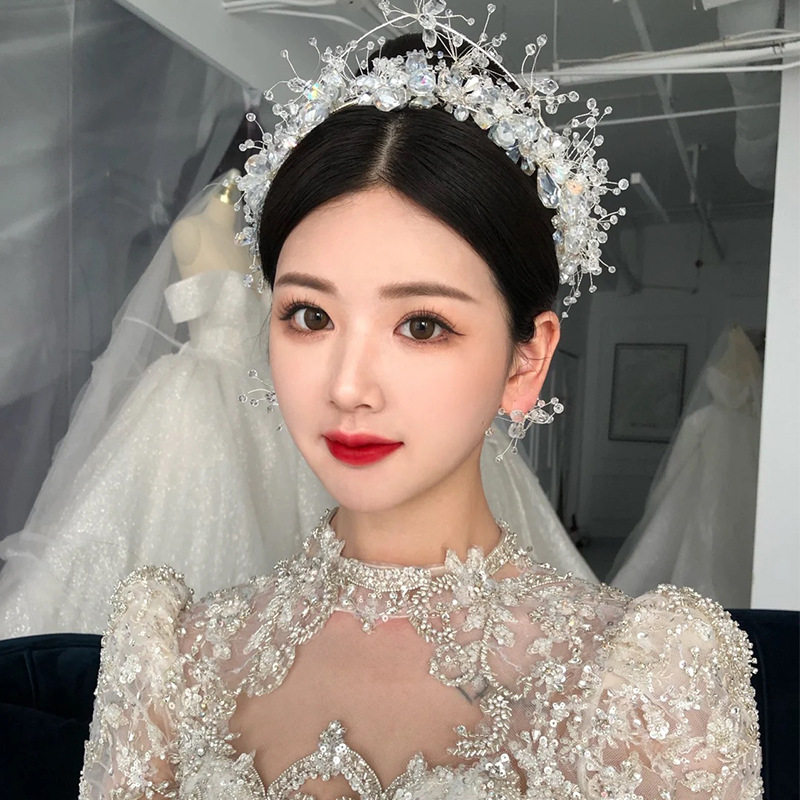 欧美新娘头饰奢华水晶公主皇冠耳环套装手工编织冰雪女王发饰王冠