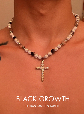 反光珍珠拼接十字架钛钢项链