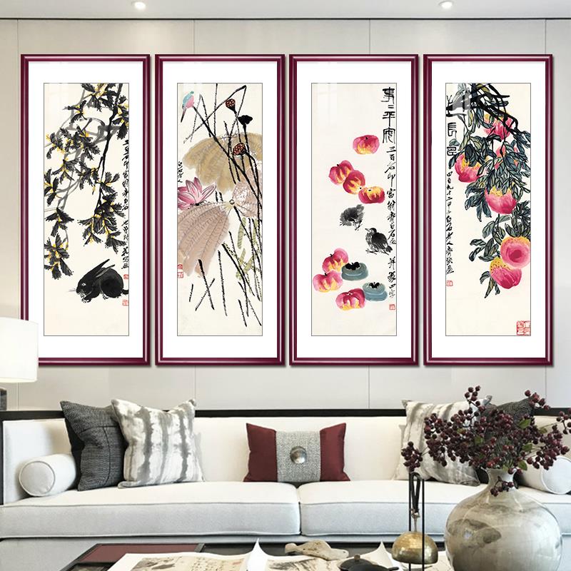 国画齐白石画四联寿桃水墨画新中式客厅装饰画餐厅水果画玄关挂画
