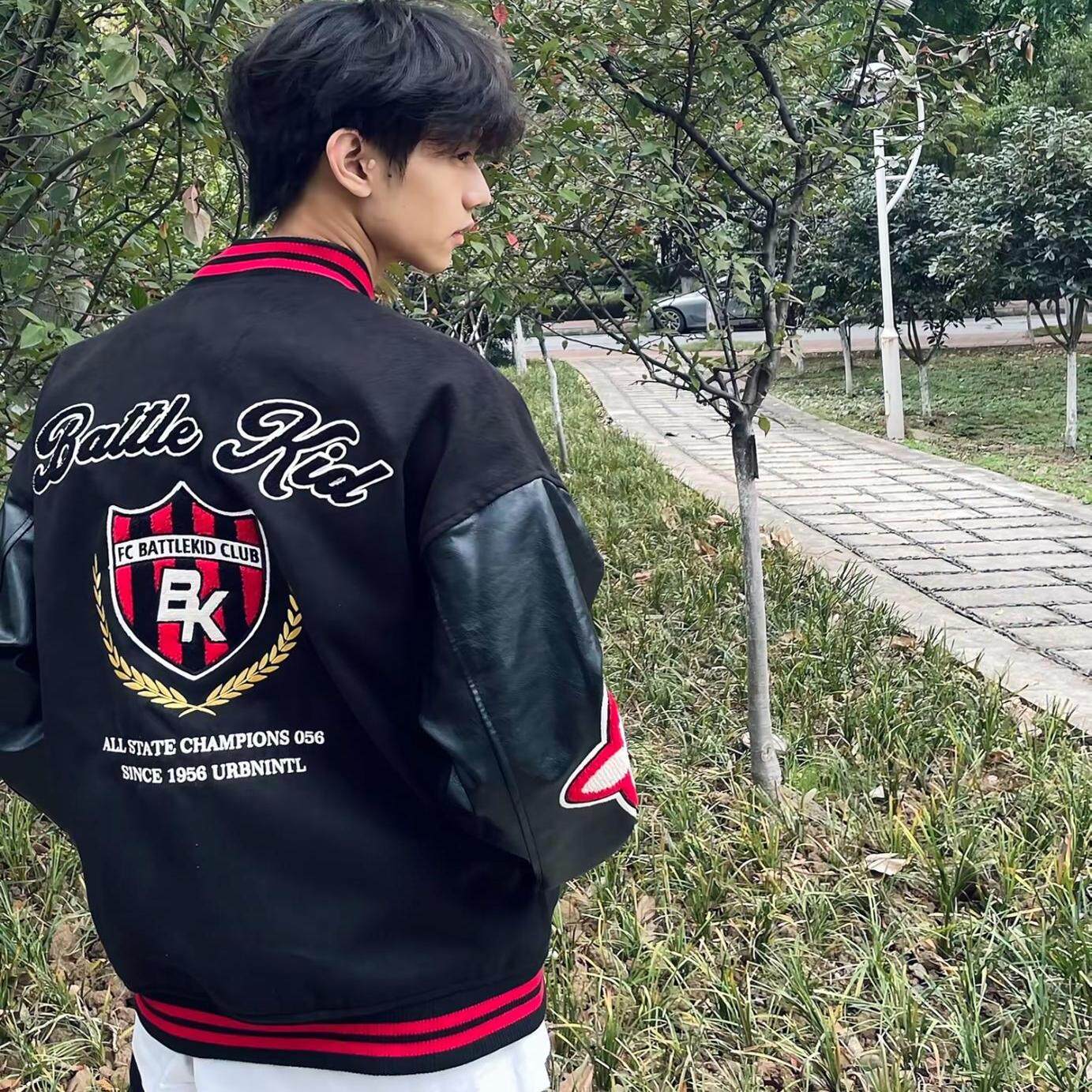 网红同款徽章拼接撞色棒球服外套男女秋冬国潮牌美式宽松百搭夹克