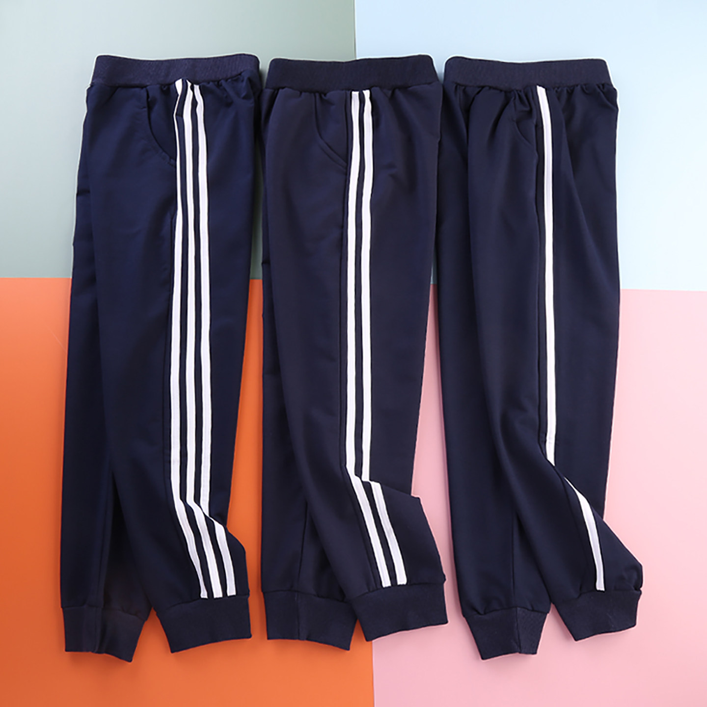 男女童藏青二杠加绒校服裤白杠条