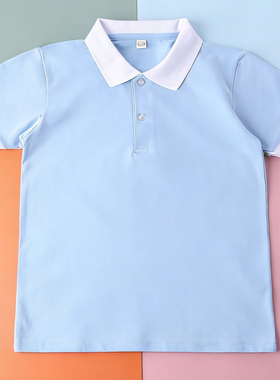 儿童夏装夏季中小学生蓝色POLO衫短袖校服透气纯棉撞色翻领校园服