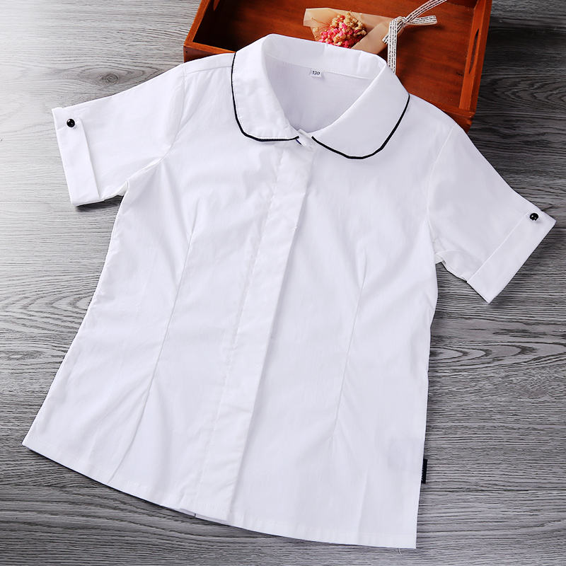 纯白色小学生校服蓝边大女孩衬衣